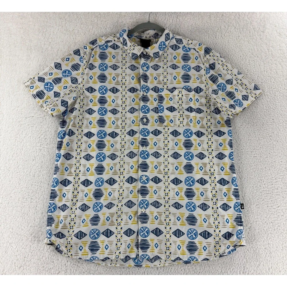 The North Face Baytrail Button-Up Shirt Men Size XL Blue Yellow Geo Short Sleeve